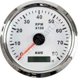 Тахометр 0-8000 об/мин со счетчиком моточасов делитель 1-10, белый циферблат, нержавеющий ободок JMV00252_KY07107
