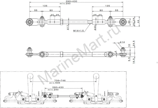 Тяга рулевая для C38MZ, два цилиндра, для 2-х двигателей, 390-430 мм TRA400A