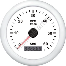 Тахометр 0-6000 об/мин со счетчиком моточасов делитель 1-10, белый циферблат, белый ободок KY07307