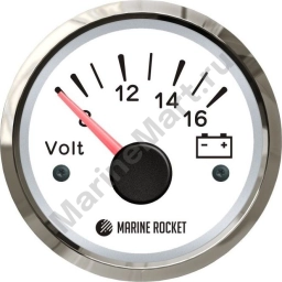 Вольтметр аналоговый 8-16 В, белый циферблат, нержавеющий ободок, д. 52 мм, Marine Rocket VMA0816WSMR