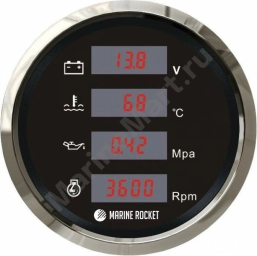 Прибор многофункциональный 4 в 1 (тахометр, вольтметр, давление, температура), черный циферблат, нержавеющий ободок, д. 110 мм, Marine Rocket MFG0001BSMR