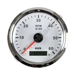 Тахометр 0-6000 об/мин со счетчиком моточасов делитель 0.5-250, белый циферблат, нержавеющий ободок (упаковка из 30 шт.) KUS JMV00245_KY07101_pkg_30